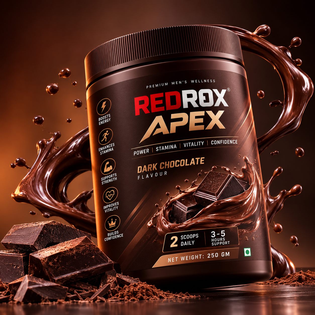 REDROX APEX Dark Chocolate jar, dramatic background