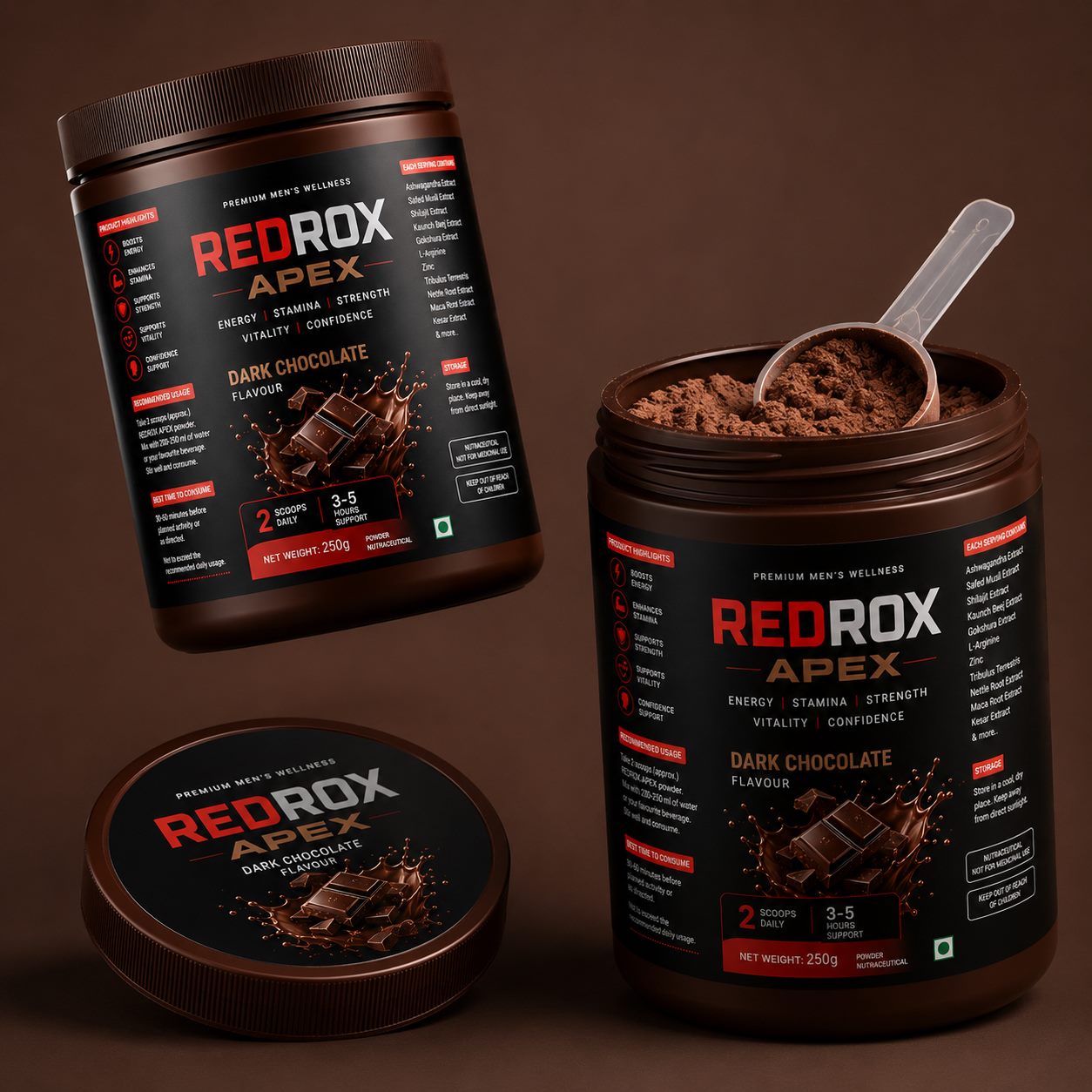 REDROX APEX Dark Chocolate jar open with scoop and powder