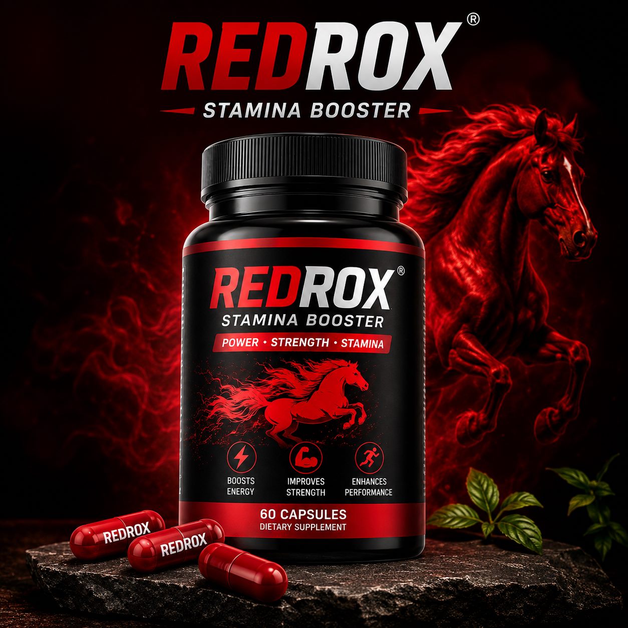 REDROX Stamina Booster bottle with horse emblem