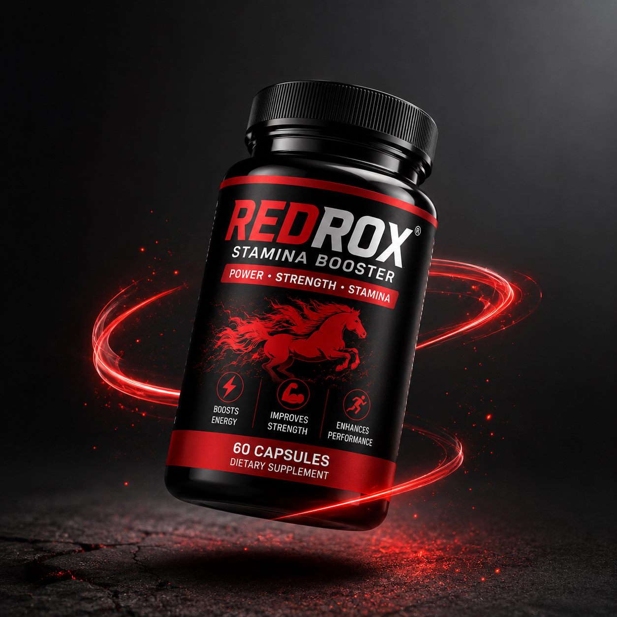 REDROX Stamina Booster bottle with red light effect