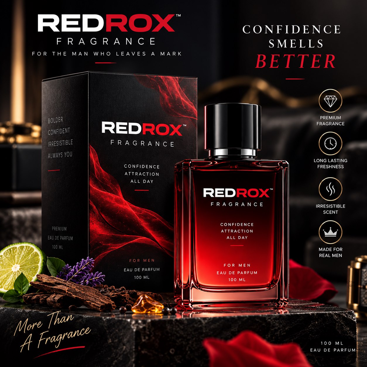 REDROX Fragrance bottle and box — Confidence Smells Better