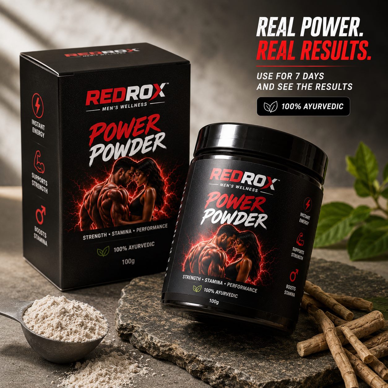 REDROX Power Powder box and jar packaging