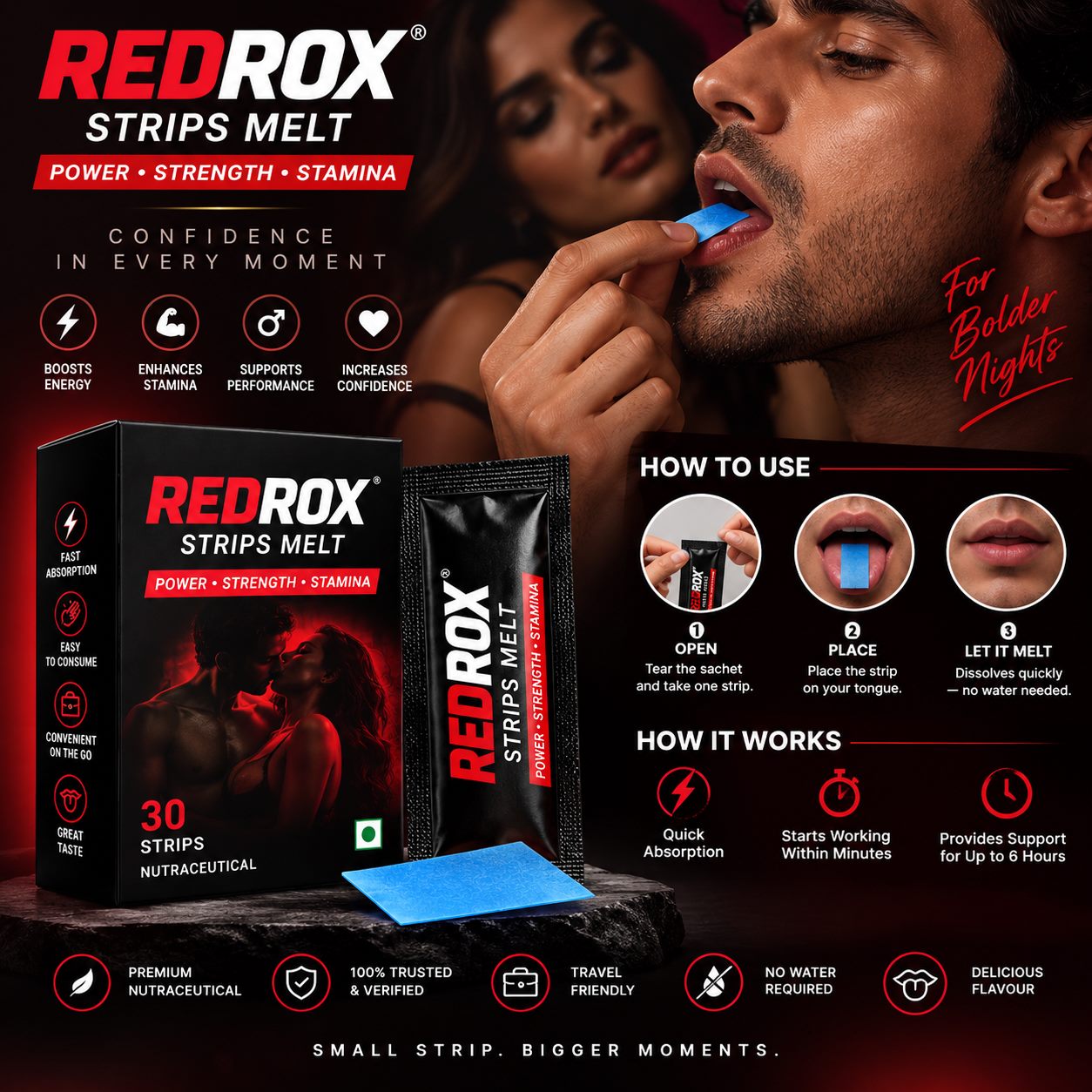 REDROX Strips Melt 30-strip pack, benefits and how to use