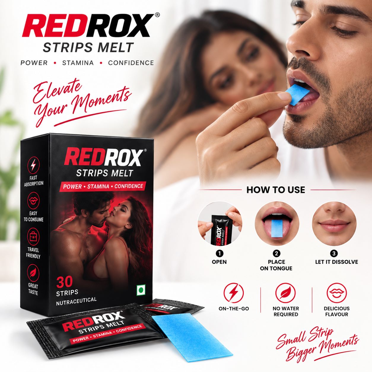 REDROX Strips Melt 30-strip pack, how to use steps
